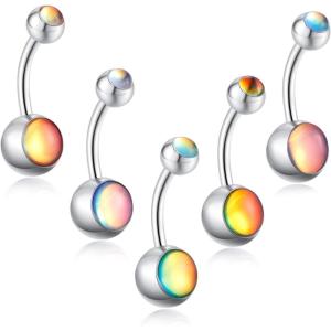 Incaton 14G 6mm Short Bar Belly Button Ring Stainless Steel Belly Rings Butterfly Round Cubic Zirconia Navel Barbell Body Piercing (5pcs silver)