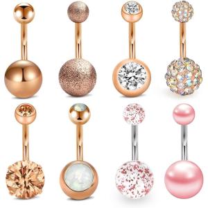 Incaton 14G 6mm Short Bar Belly Button Ring Stainless Steel Belly Rings Butterfly Round Cubic Zirconia Navel Barbell Body Piercing (8pcs rose gold 10mm)