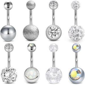 Incaton 14G 6mm Short Bar Belly Button Ring Stainless Steel Belly Rings Butterfly Round Cubic Zirconia Navel Barbell Body Piercing (8pcs silver 10mm)