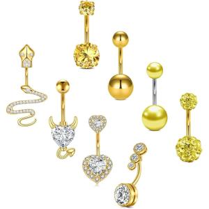 Incaton 14G 8PCS Belly Button Rings Cute Gold Plated Snake Evil Eye Heart Clear CZ Belly Button Rings for Women Belly Piercing Pack