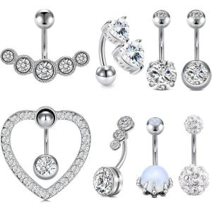 Incaton 14G 8Pcs Belly Button Rings for Women Stainless Steel Reverse Heart Clear CZ Skull Hand with Opal Navel Rings Piercing Jewelry