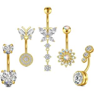 Incaton 14G Belly Button Rings Butterfly Heart Diamond, Stainless Steel Dangle Belly Rings For Women, 6mm Short Bar/ 10mm Hypoallergenic Navel Piercings(Gold 10mm)