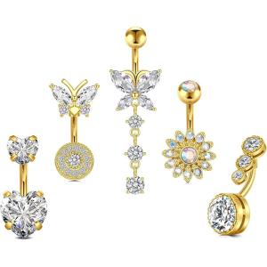 Incaton 14G Belly Button Rings Butterfly Heart Diamond, Stainless Steel Dangle Belly Rings For Women, 6mm Short Bar/ 10mm Hypoallergenic Navel Piercings(Gold 6mm)