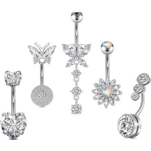 Incaton 14G Belly Button Rings Butterfly Heart Diamond, Stainless Steel Dangle Belly Rings For Women, 6mm Short Bar/ 10mm Hypoallergenic Navel Piercings(Silver 10mm)