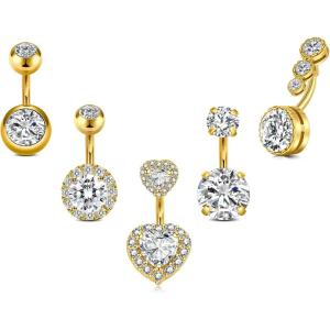 Incaton 14G Belly Button Rings, Stainless Steel Heart Diamond 6mm/10mm Bar Belly Rings For Women, Hypoallergenic Short Bar Navel Piercings(Gold 6mm)