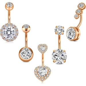 Incaton 14G Belly Button Rings, Stainless Steel Heart Diamond 6mm/10mm Bar Belly Rings For Women, Hypoallergenic Short Bar Navel Piercings(Rose Gold 10mm)