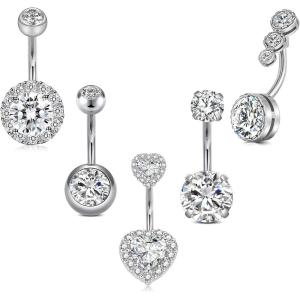 Incaton 14G Belly Button Rings, Stainless Steel Heart Diamond 6mm/10mm Bar Belly Rings For Women, Hypoallergenic Short Bar Navel Piercings(Silver 10mm)