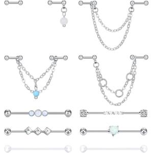 Incaton 14g Industrial Barbell Surgical Steel Cartilage Earrings CZ Industrial Earring Crystal Ferido Industrail Piercing 1 1/2″(38mm) Bar Length (Silver Chain)