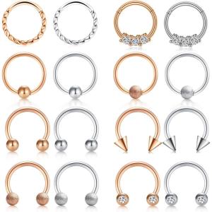 Incaton 16G Stainless Steel Nose Septum Rings Horseshoe Nose Rings Earring Cartilage Helix Tragus Earring Hoop Eyebrow Lip Hoop Retainer for Women Men 8mm 10mm 12mm (16pcs rose gold + silver)