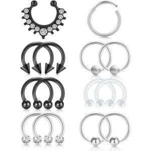 Incaton 16G Stainless Steel Nose Septum Rings Horseshoe Nose Rings Earring Cartilage Helix Tragus Earring Hoop Eyebrow Lip Hoop Retainer for Women Men 8mm 10mm 12mm (14pcs black + silver)
