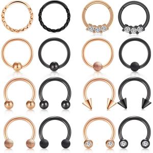 Incaton 16G Stainless Steel Nose Septum Rings Horseshoe Nose Rings Earring Cartilage Helix Tragus Earring Hoop Eyebrow Lip Hoop Retainer for Women Men 8mm 10mm 12mm (16pcs rose gold + black)