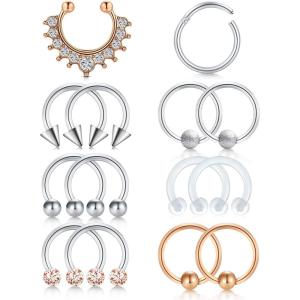 Incaton 16G Stainless Steel Nose Septum Rings Horseshoe Nose Rings Earring Cartilage Helix Tragus Earring Hoop Eyebrow Lip Hoop Retainer for Women Men 8mm 10mm 12mm (14pcs rose gold + silver)