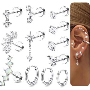 Incaton 20G Cartilage Piercing Jewelry Flat back Helix Earrings for Women Hypoallergenic Surgical Steel Gold Cartilage Hoop Earring Set Daith Tragus Conch Flat Back Stud Earrings(Silver)