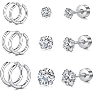 Incaton 20G Cartilage Piercing Jewelry Flat back Helix Earrings for Women Hypoallergenic Surgical Steel Gold Cartilage Hoop Earring Set Daith Tragus Conch Flat Back Stud Earrings(6 HOOP + 6 STUD SILVER)