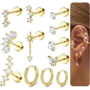 Incaton 20G Cartilage Piercing Jewelry Flat back Helix Earrings for Women Hypoallergenic Surgical Steel Gold Cartilage Hoop Earring Set Daith Tragus Conch Flat Back Stud Earrings(GOLD)