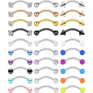 Incaton 30Pcs 16G Curved Barbell Eyebrow Rings Piercing Surgical Steel Daith Rook Earring Piercing Jewelry for Women Men 10mm