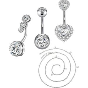 Incaton 3PCS Belly Button Rings Stainless Steel Love Heart Belly Button Chain Navel Rings for Women