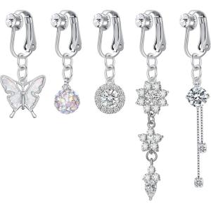 Incaton Fake Belly Ring Clip on Belly Button Rings for Women CZ Dangle Belly Button Rings Butterfly Heart Crown Belly Rings Non Piercing Jewelry(5PC)
