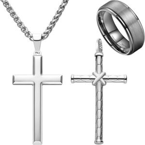 King Will 20″ Stainless Steel Necklace with Two Alternative Pendants, Men’s 8mm Gunmetal Tungsten Carbide Ring, Size 10