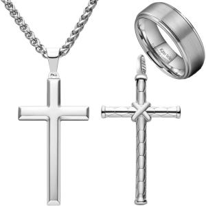 King Will 20″ Stainless Steel Necklace with Two Alternative Pendants, Men’s 8mm Tungsten Carbide Ring, Size 8.5