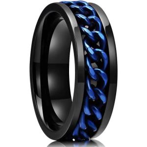 King Will 316L Stainless Steel Fidget Ring for Men Women-8mm Width with Stylish Chain Inlay Spinner Ring Stress Relief, Durable Wedding Band Comfort Fit Size 4-16(B-Black-Blue)