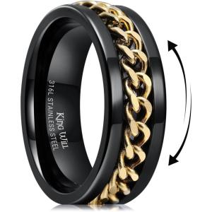 King Will 316L Stainless Steel Fidget Ring for Men Women-8mm Width with Stylish Chain Inlay Spinner Ring Stress Relief, Durable Wedding Band Comfort Fit Size 4-16(B-Black-Gold Plated)