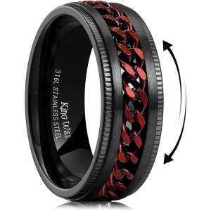 King Will 316L Stainless Steel Fidget Ring for Men Women-8mm Width with Stylish Chain Inlay Spinner Ring Stress Relief, Durable Wedding Band Comfort Fit Size 4-16(A-Black-Red)