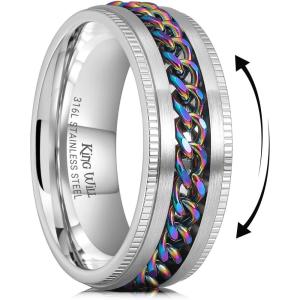 King Will 316L Stainless Steel Fidget Ring for Men Women-8mm Width with Stylish Chain Inlay Spinner Ring Stress Relief, Durable Wedding Band Comfort Fit Size 4-16(A-Sliver Plated-Rainbow)