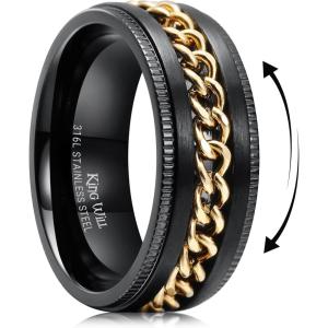 King Will 316L Stainless Steel Fidget Ring for Men Women-8mm Width with Stylish Chain Inlay Spinner Ring Stress Relief, Durable Wedding Band Comfort Fit Size 4-16(A-Black-Gold Plated)