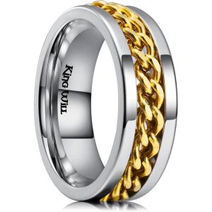 King Will 316L Stainless Steel Fidget Ring for Men Women-8mm Width with Stylish Chain Inlay Spinner Ring Stress Relief, Durable Wedding Band Comfort Fit Size 4-16(B-Sliver-Gold Plated)