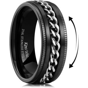 King Will 316L Stainless Steel Fidget Ring for Men Women-8mm Width with Stylish Chain Inlay Spinner Ring Stress Relief, Durable Wedding Band Comfort Fit Size 4-16(A-Black-Sliver Plated)