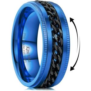 King Will 316L Stainless Steel Fidget Ring for Men Women-8mm Width with Stylish Chain Inlay Spinner Ring Stress Relief, Durable Wedding Band Comfort Fit Size 4-16(A-Blue-Black)