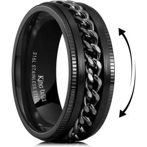 King Will 316L Stainless Steel Fidget Ring for Men Women-8mm Width with Stylish Chain Inlay Spinner Ring Stress Relief, Durable Wedding Band Comfort Fit Size 4-16(Black)