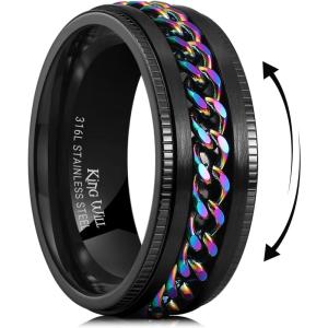 King Will 316L Stainless Steel Fidget Ring for Men Women-8mm Width with Stylish Chain Inlay Spinner Ring Stress Relief, Durable Wedding Band Comfort Fit Size 4-16(A-Black-Rainbow)