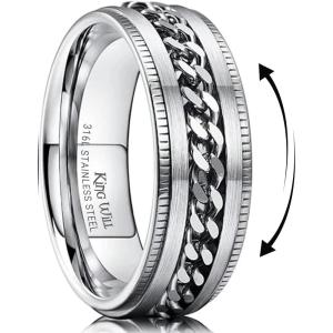 King Will 316L Stainless Steel Fidget Ring for Men Women-8mm Width with Stylish Chain Inlay Spinner Ring Stress Relief, Durable Wedding Band Comfort Fit Size 4-16(A-Silver Plated)