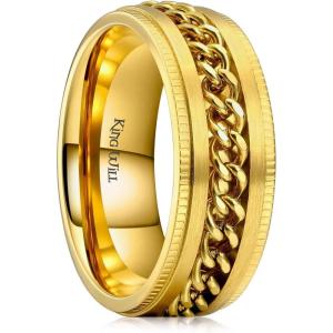 King Will 316L Stainless Steel Fidget Ring for Men Women-8mm Width with Stylish Chain Inlay Spinner Ring Stress Relief, Durable Wedding Band Comfort Fit Size 4-16(A-Gold Plated)