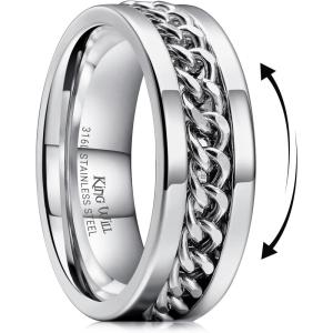 King Will 316L Stainless Steel Fidget Ring for Men Women-8mm Width with Stylish Chain Inlay Spinner Ring Stress Relief, Durable Wedding Band Comfort Fit Size 4-16(B-Silver Plated)