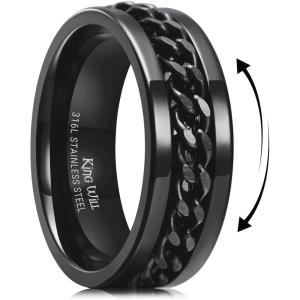 King Will 316L Stainless Steel Fidget Ring for Men Women-8mm Width with Stylish Chain Inlay Spinner Ring Stress Relief, Durable Wedding Band Comfort Fit Size 4-16(B-Black)