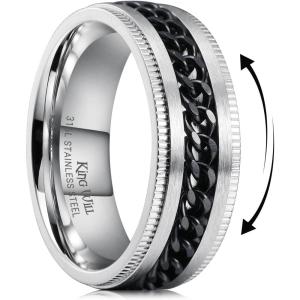 King Will 316L Stainless Steel Fidget Ring for Men Women-8mm Width with Stylish Chain Inlay Spinner Ring Stress Relief, Durable Wedding Band Comfort Fit Size 4-16(A-Silver Plated-Black)