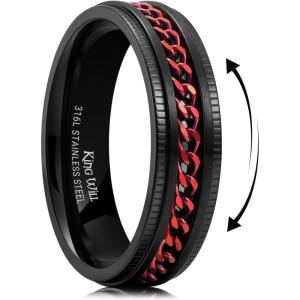 King Will 316L Stainless Steel Fidget Ring for Men Women-8mm Width with Stylish Chain Inlay Spinner Ring Stress Relief, Durable Wedding Band Comfort Fit Size 4-16(A-Black-Red-6mm)