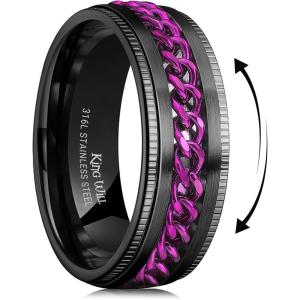 King Will 316L Stainless Steel Fidget Ring for Men Women-8mm Width with Stylish Chain Inlay Spinner Ring Stress Relief, Durable Wedding Band Comfort Fit Size 4-16(A-Black-Purple)