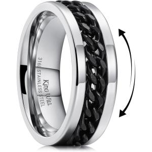 King Will 316L Stainless Steel Fidget Ring for Men Women-8mm Width with Stylish Chain Inlay Spinner Ring Stress Relief, Durable Wedding Band Comfort Fit Size 4-16(B-Sliver Plated-Black)