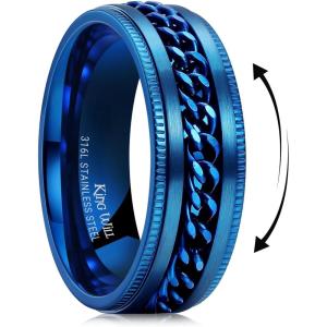 King Will 316L Stainless Steel Fidget Ring for Men Women-8mm Width with Stylish Chain Inlay Spinner Ring Stress Relief, Durable Wedding Band Comfort Fit Size 4-16(A-Blue)