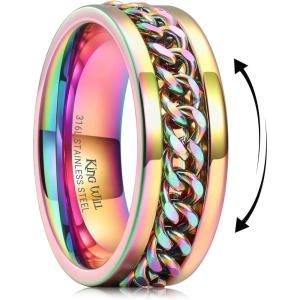 King Will 316L Stainless Steel Fidget Ring for Men Women-8mm Width with Stylish Chain Inlay Spinner Ring Stress Relief, Durable Wedding Band Comfort Fit Size 4-16(B-Pink)