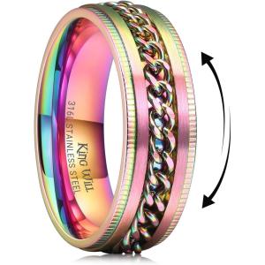 King Will 316L Stainless Steel Fidget Ring for Men Women-8mm Width with Stylish Chain Inlay Spinner Ring Stress Relief, Durable Wedding Band Comfort Fit Size 4-16(A-Pink)