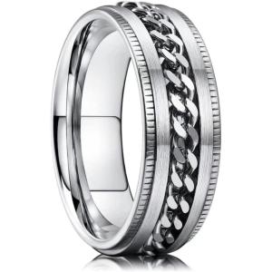 King Will 316L Stainless Steel Fidget Ring for Men Women-8mm Width with Stylish Chain Inlay Spinner Ring Stress Relief, Durable Wedding Band Comfort Fit Size 4-16(Silver)