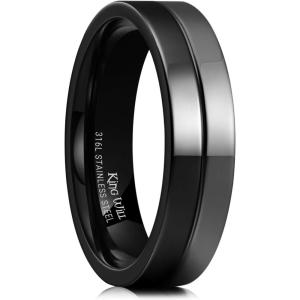 King Will 316L Stainless Steel Men’s Wedding Band – 6/8 mm Dual-Tone Wedding Ring Polished Finish with Gold/Black Steel Plating, Fashionable and Durable Stainless Steel Men’s Ring Size 7-14(Black-Steel)