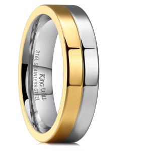 King Will 316L Stainless Steel Men’s Wedding Band – 6/8 mm Dual-Tone Wedding Ring Polished Finish with Gold/Black Steel Plating, Fashionable and Durable Stainless Steel Men’s Ring Size 7-14(Gold-A)