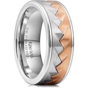 King Will 316L Stainless Steel Men’s Wedding Band – 6/8 mm Dual-Tone Wedding Ring Polished Finish with Gold/Black Steel Plating, Fashionable and Durable Stainless Steel Men’s Ring Size 7-14(Silver & Rose Gold)