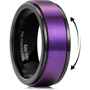 King Will 316L Stainless Steel Spinner Ring for Men Women-8mm Black/Silver/Gold Stress Anxiety Relief Fidget Ring Multiple Styles Wedding Band Comfort Fit Size 4-16(A-Matte Black Purple)